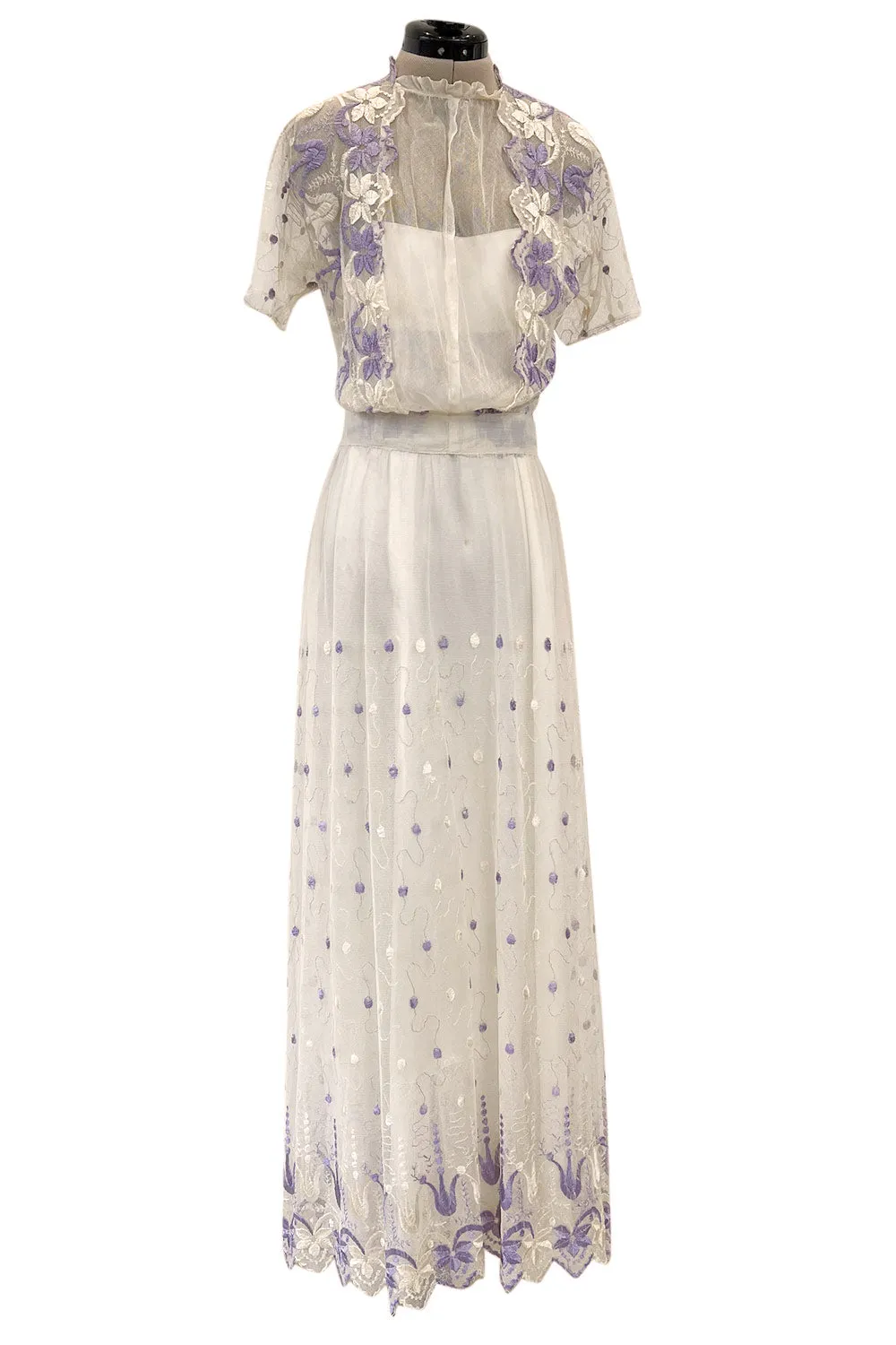 Ethereal 1930s Ivory Silk Tulle Net Dress w Pale Lavender & Cream Floral Embroidery