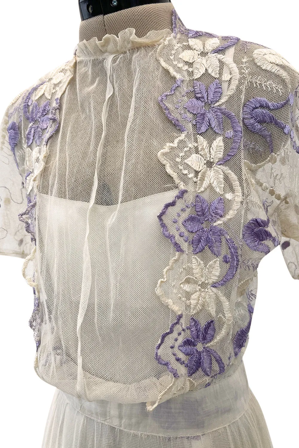 Ethereal 1930s Ivory Silk Tulle Net Dress w Pale Lavender & Cream Floral Embroidery