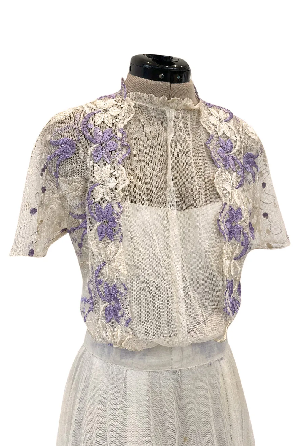 Ethereal 1930s Ivory Silk Tulle Net Dress w Pale Lavender & Cream Floral Embroidery