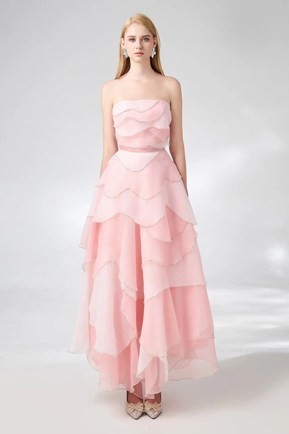 Everlee Strapless Layered Organza Ankle Length Dress