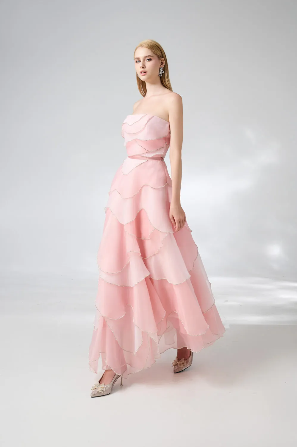 Everlee Strapless Layered Organza Ankle Length Dress