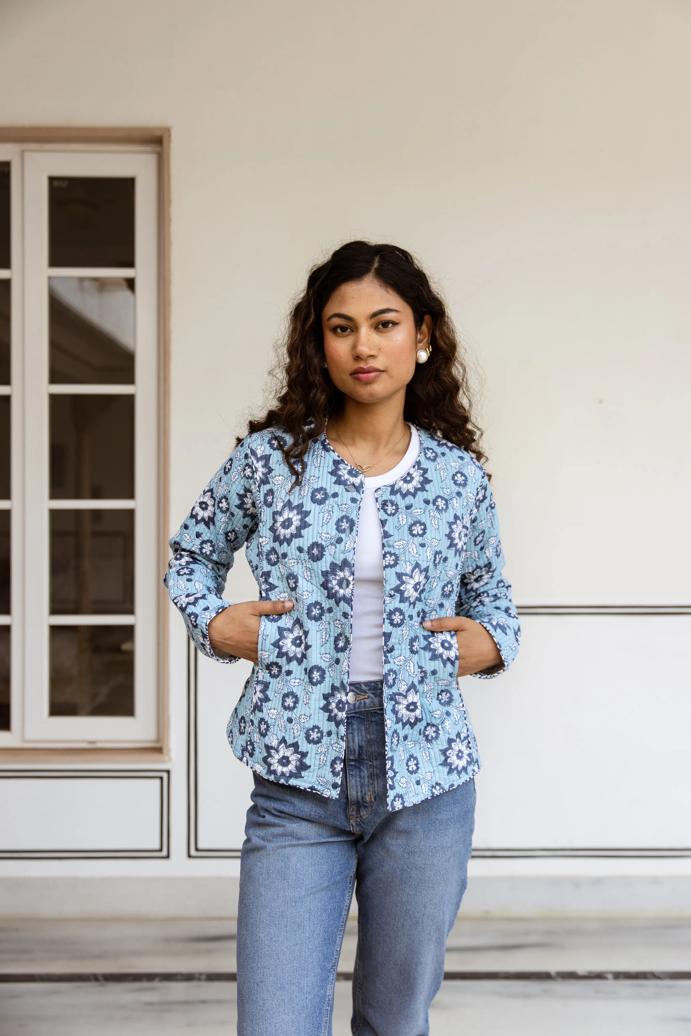 Fitted quilted jacket - Blue Floral Print