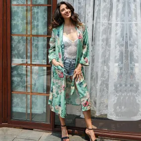 Floral Print Elegant Long Sleeve Kimono with Decorative Sash