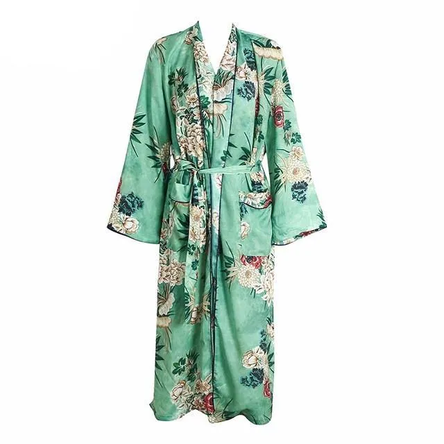 Floral Print Elegant Long Sleeve Kimono with Decorative Sash