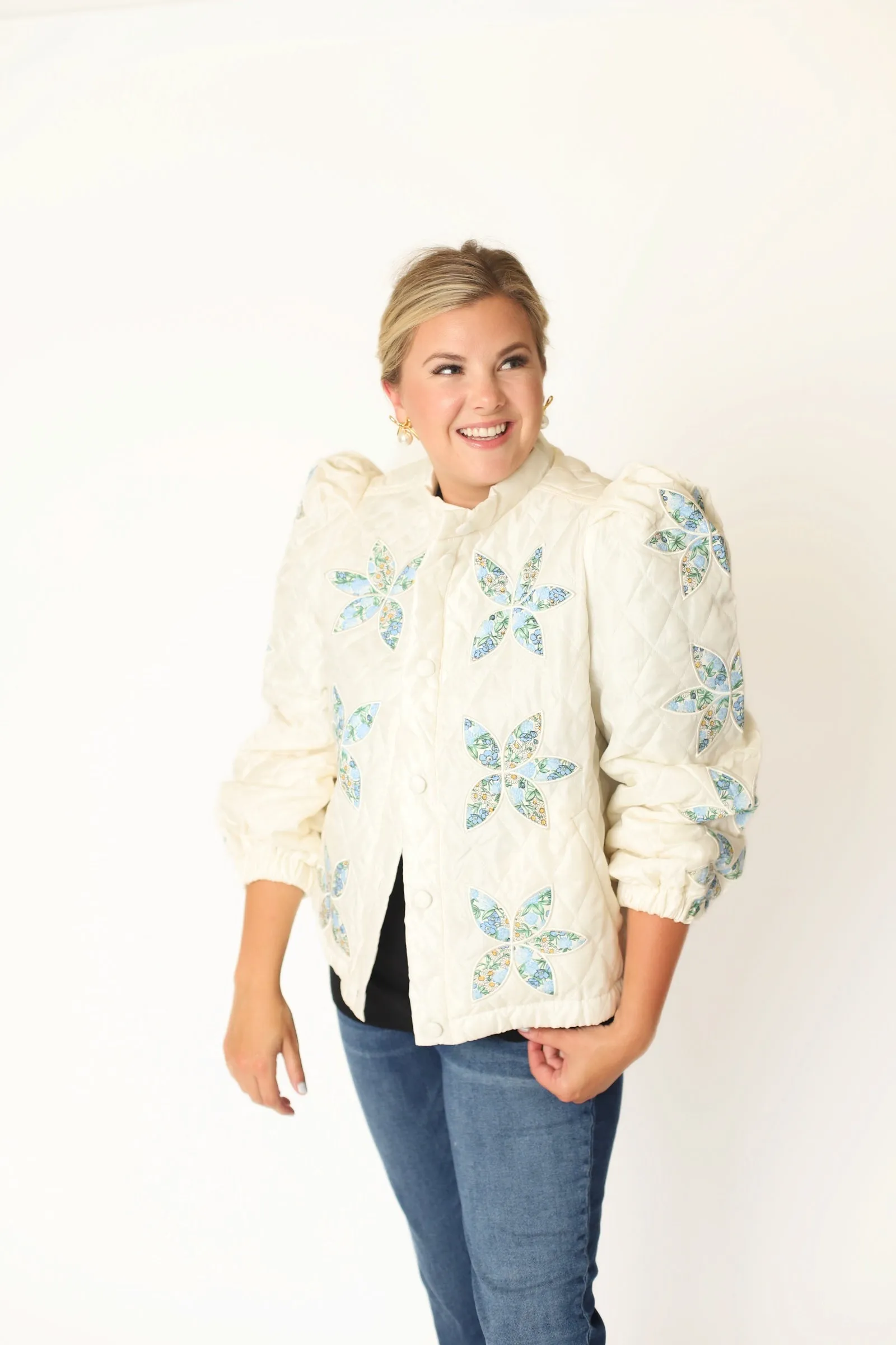 Floral Print Quilted Jacket - Cream