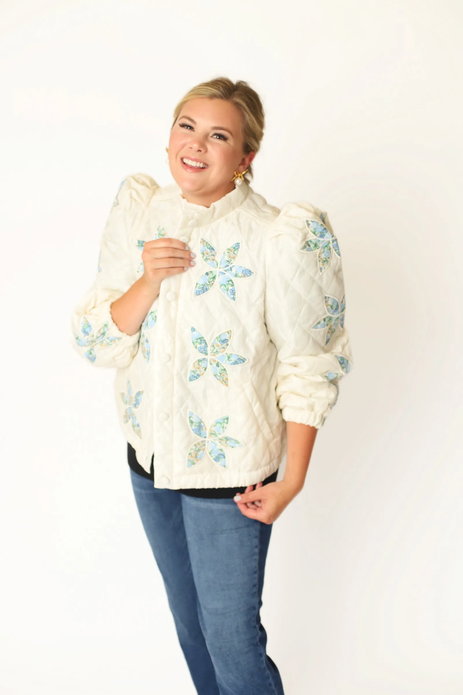 Floral Print Quilted Jacket - Cream