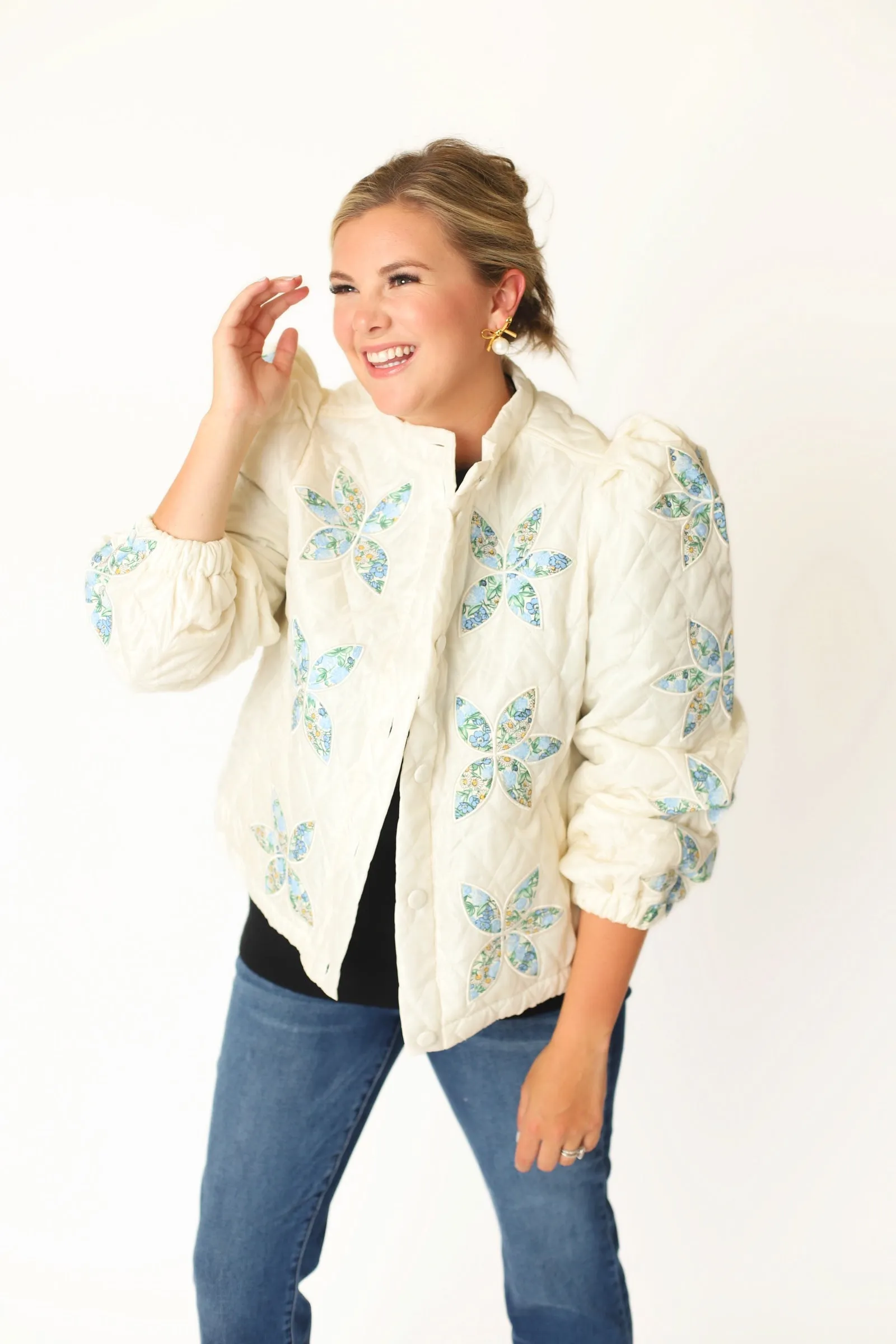 Floral Print Quilted Jacket - Cream