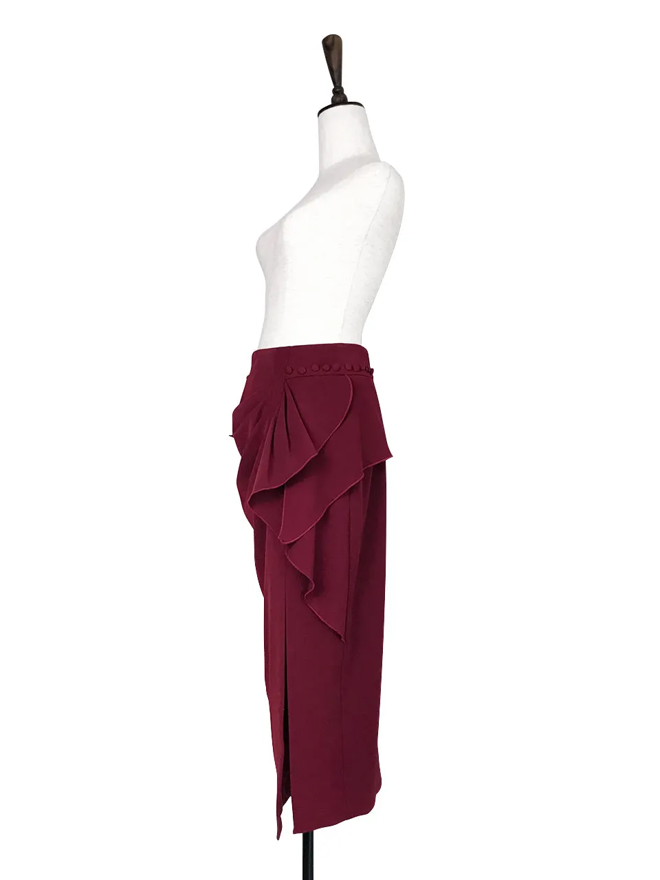 Further Sale! Burgundy Ruffle Side Ponte Pencil Maxi Skirt