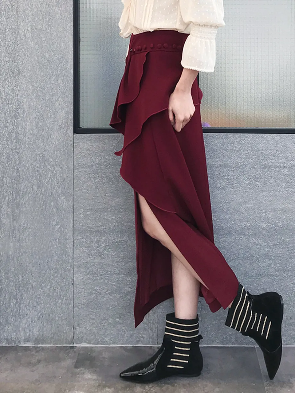 Further Sale! Burgundy Ruffle Side Ponte Pencil Maxi Skirt