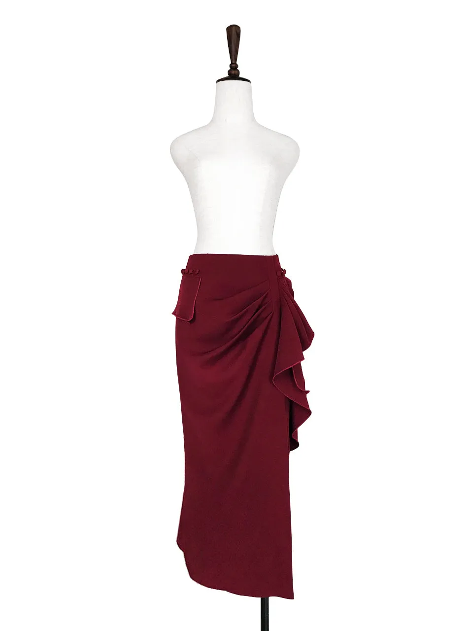 Further Sale! Burgundy Ruffle Side Ponte Pencil Maxi Skirt