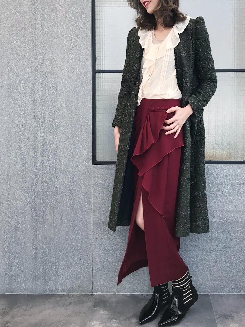 Further Sale! Burgundy Ruffle Side Ponte Pencil Maxi Skirt