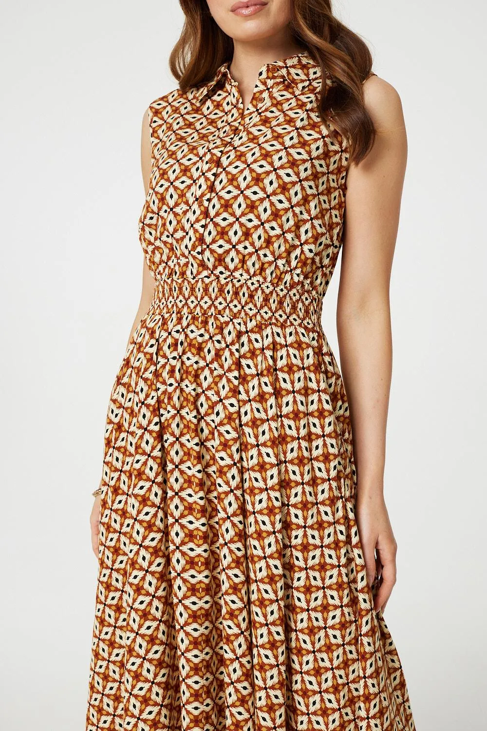 Geo Print Sleeveless Midi Shirt Dress