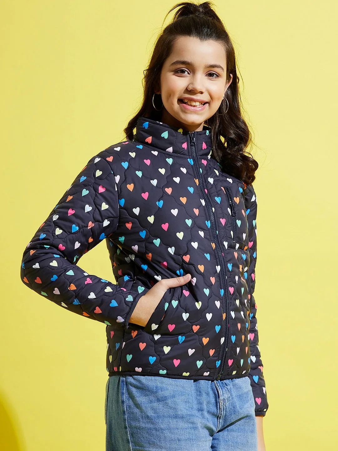 Girls Navy Heart Print Quilted Jacket - Lyush Kids