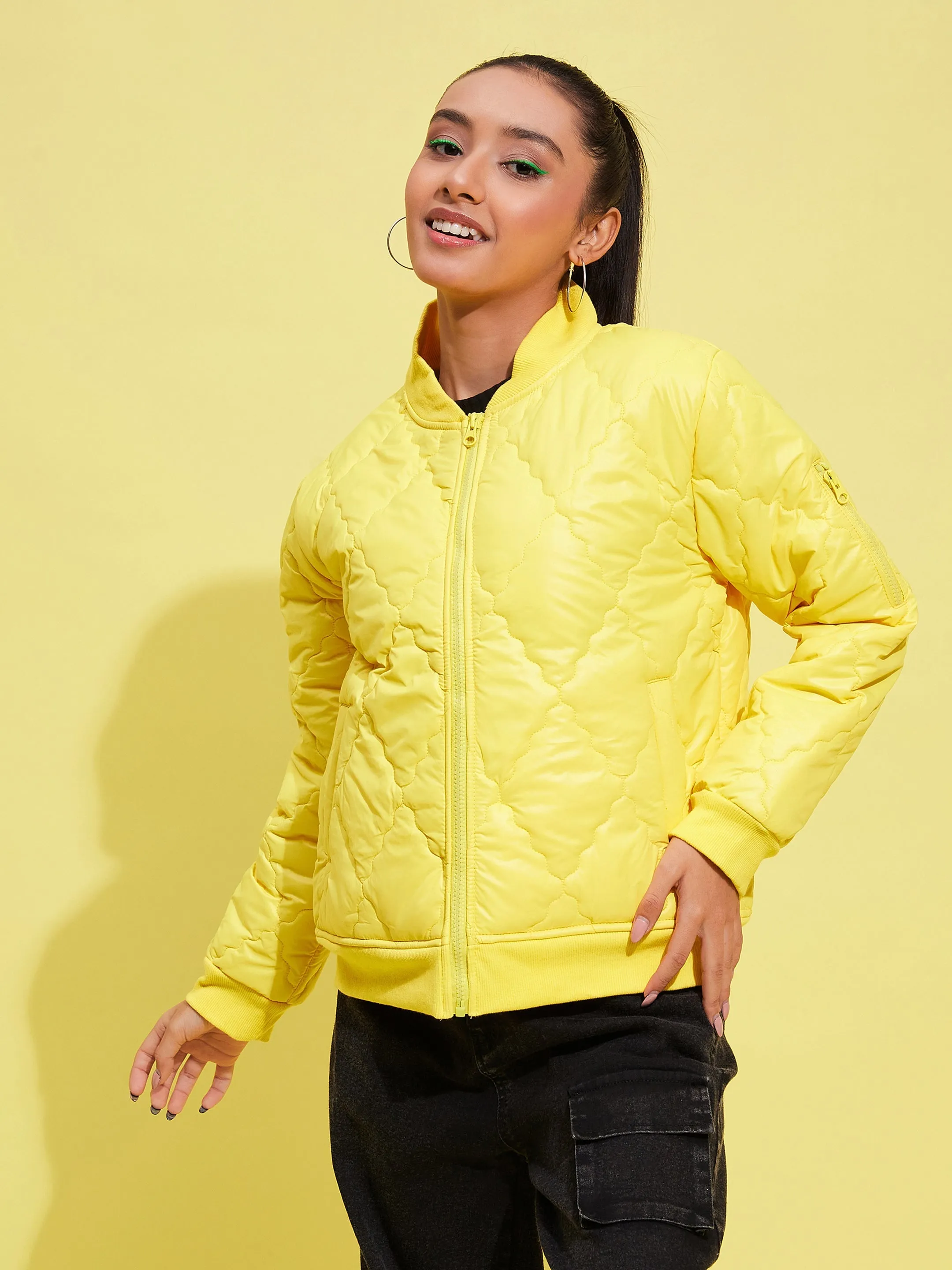 Girls Yellow Quilted Bomber Jacket