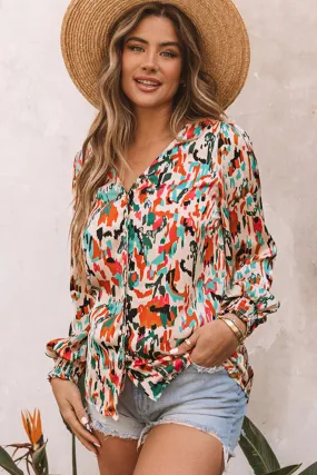 Gothic Outlaws Abstract Print Boho V Neck Shirred Cuffs Blouse – Your Go-To Top for Boho Magic and Bold Vibes