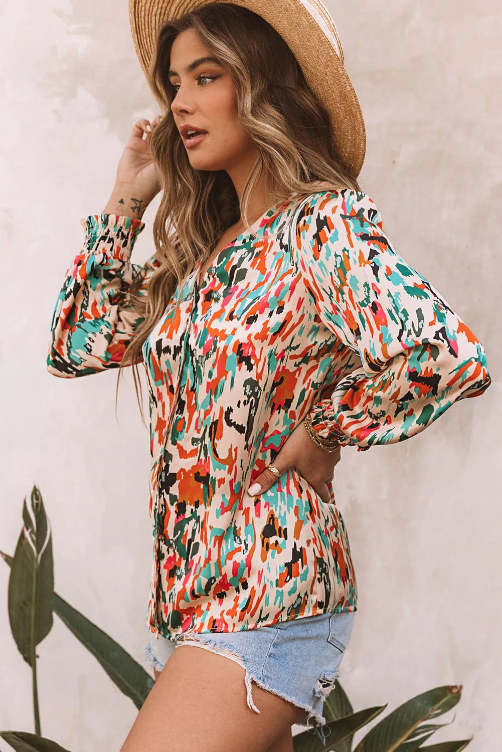 Gothic Outlaws Abstract Print Boho V Neck Shirred Cuffs Blouse – Your Go-To Top for Boho Magic and Bold Vibes