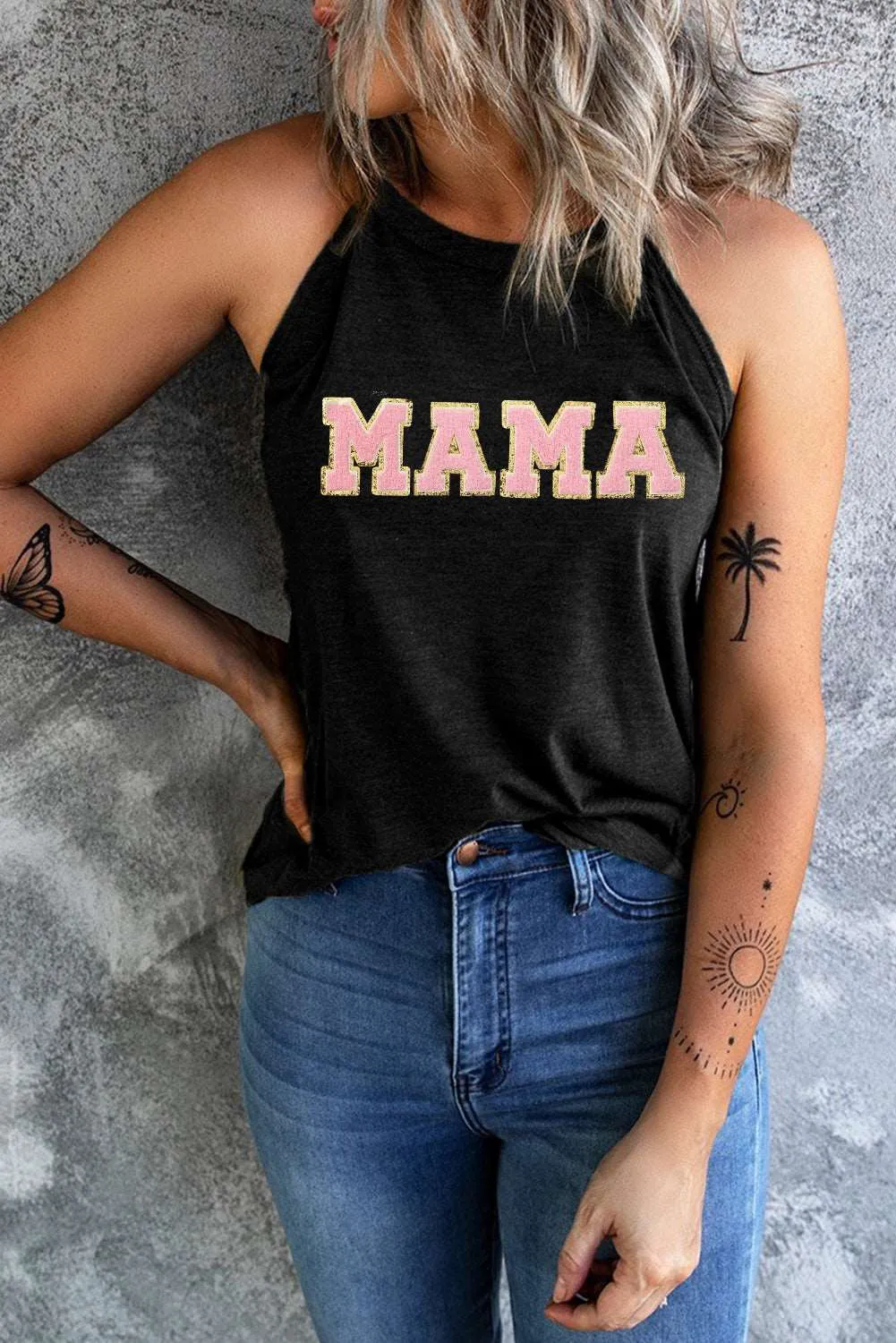 Gothic Outlaws MAMA Graphic Chenille Patched O Neck Tank Top: For the Badass Mama Who Deserves to Look as Fierce as She Feels 💀🔥