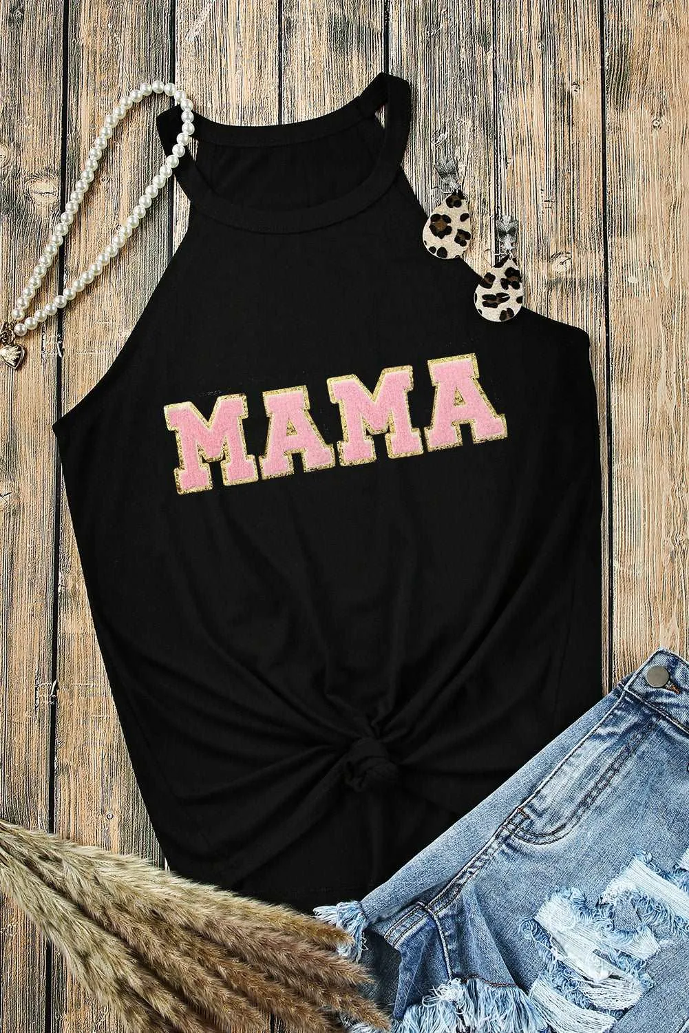 Gothic Outlaws MAMA Graphic Chenille Patched O Neck Tank Top: For the Badass Mama Who Deserves to Look as Fierce as She Feels 💀🔥