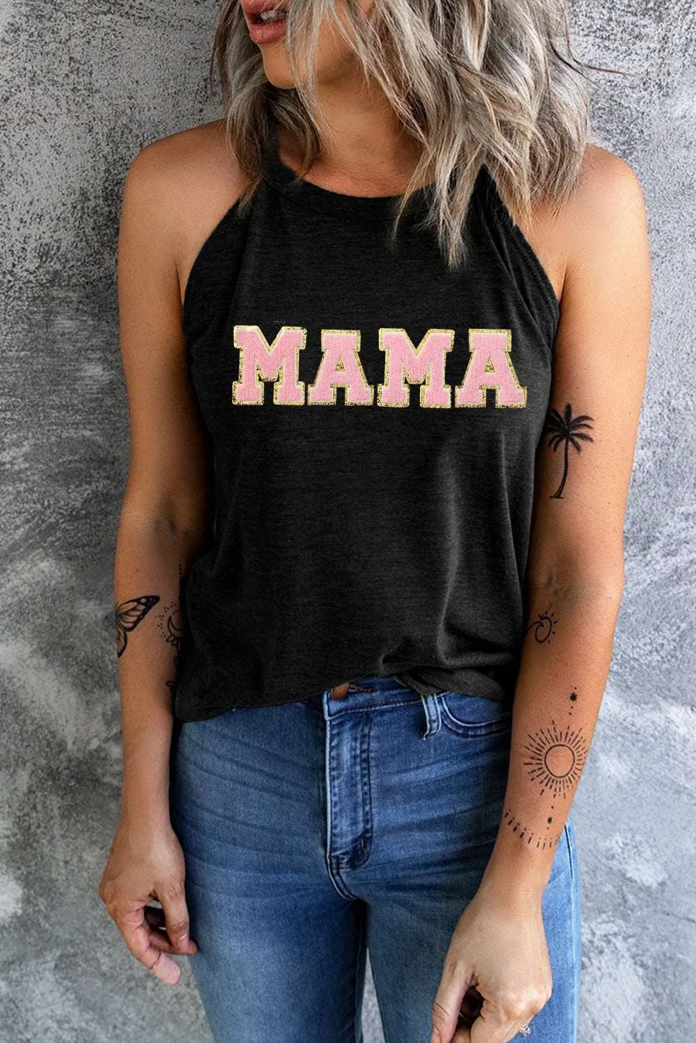 Gothic Outlaws MAMA Graphic Chenille Patched O Neck Tank Top: For the Badass Mama Who Deserves to Look as Fierce as She Feels 💀🔥