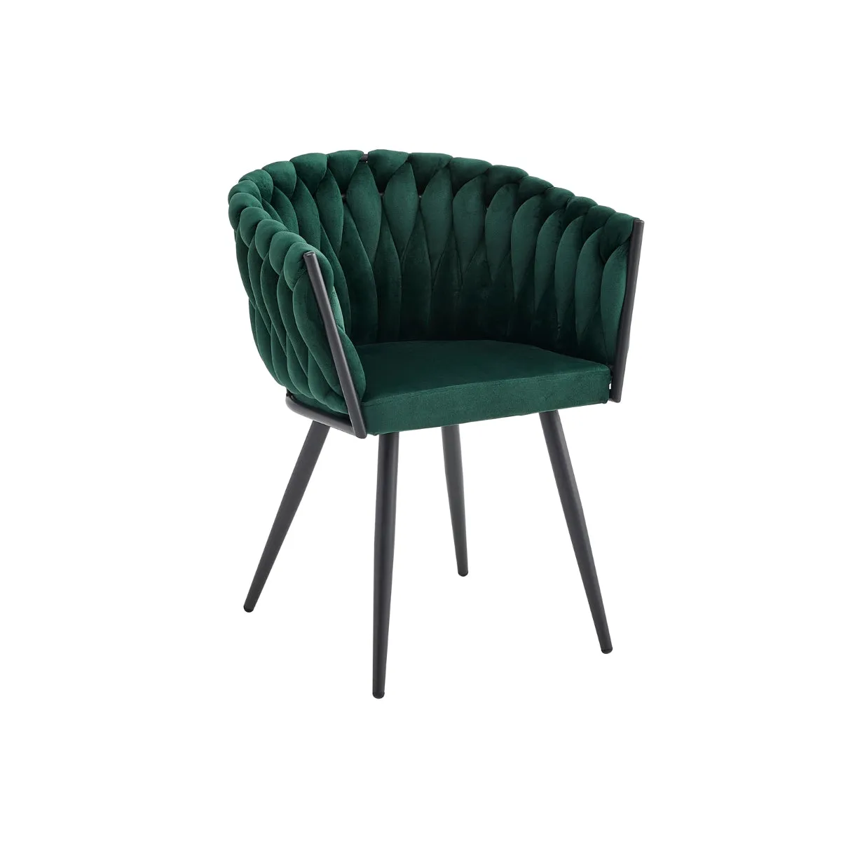 Green Velvet Braided Arm Chair with Angled Metal Legs - Set of 2