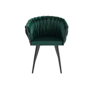 Green Velvet Braided Arm Chair with Angled Metal Legs - Set of 2