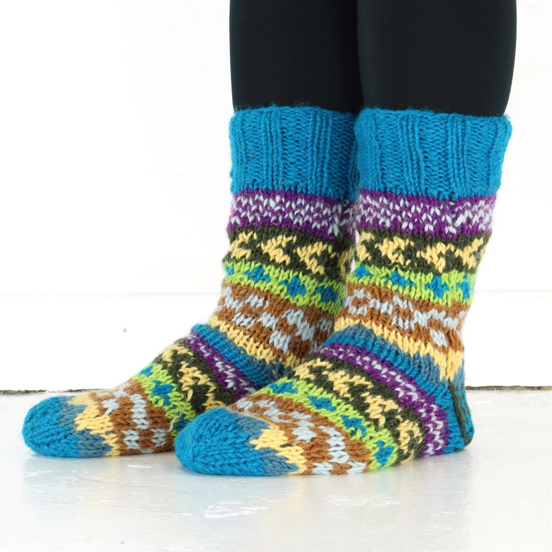 Hand Knitted Wool Slipper Socks Lined - Chevron Blue