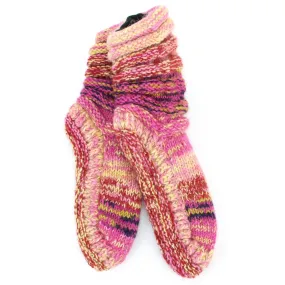 Hand Knitted Wool Slipper Socks Lined - SD Pink Yellow