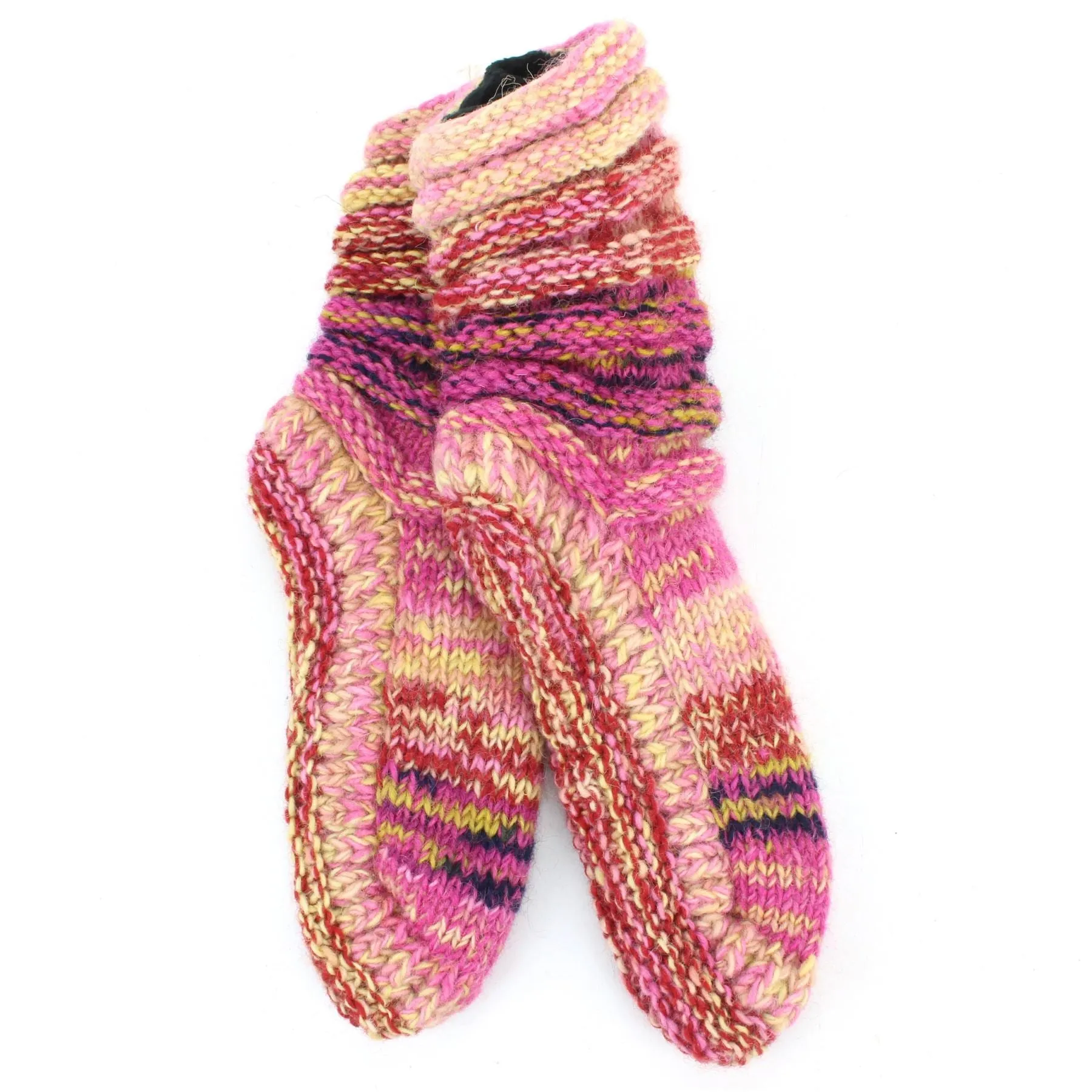 Hand Knitted Wool Slipper Socks Lined - SD Pink Yellow