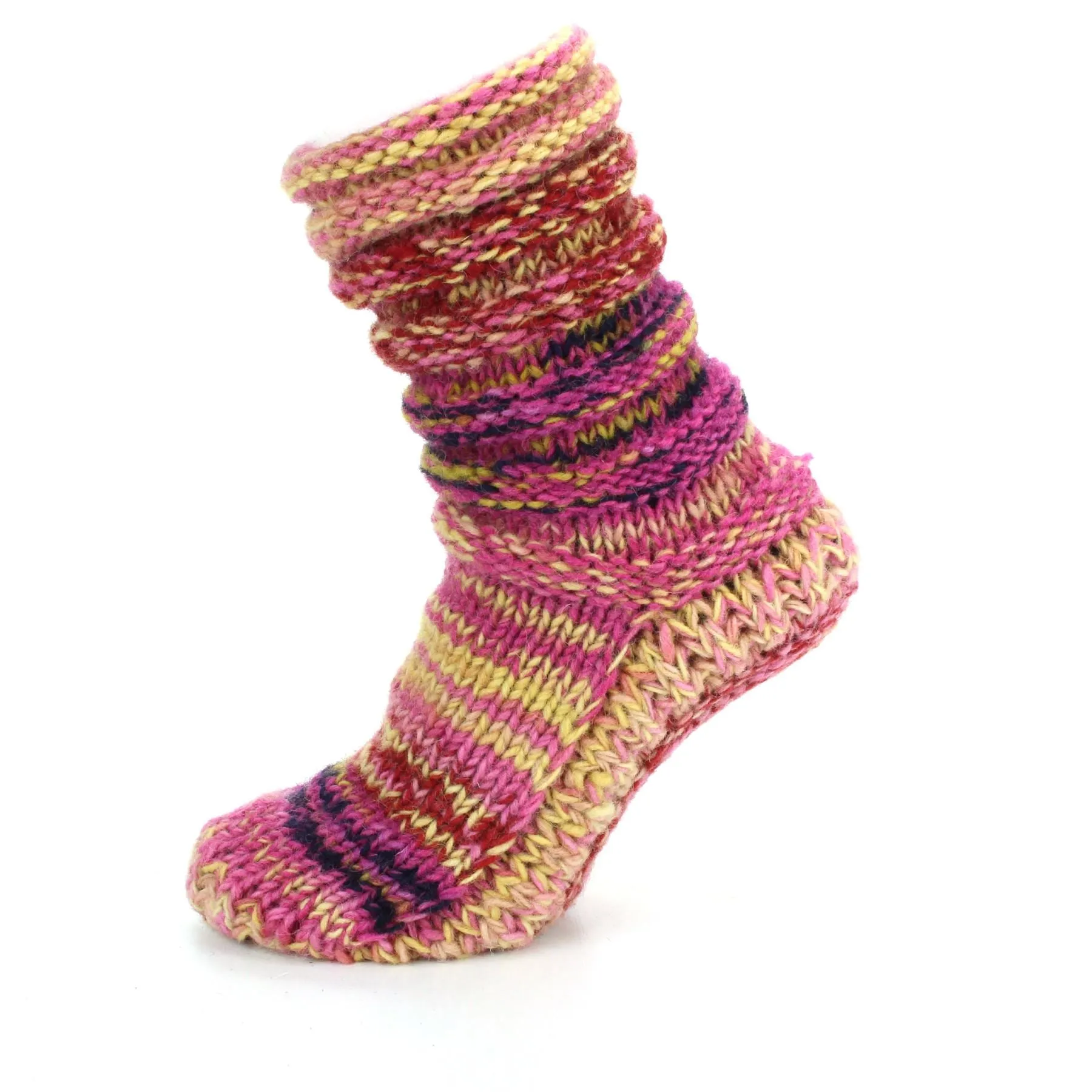 Hand Knitted Wool Slipper Socks Lined - SD Pink Yellow