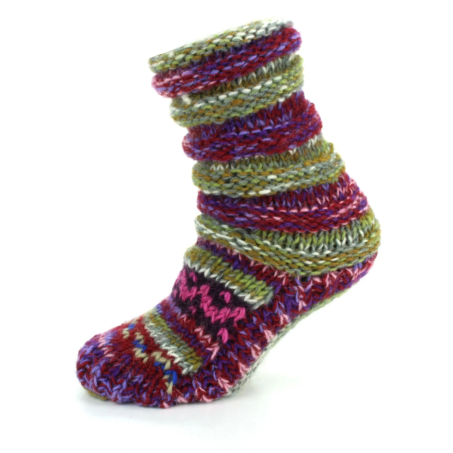 Hand Knitted Wool Slipper Socks Lined - SD Purple Green