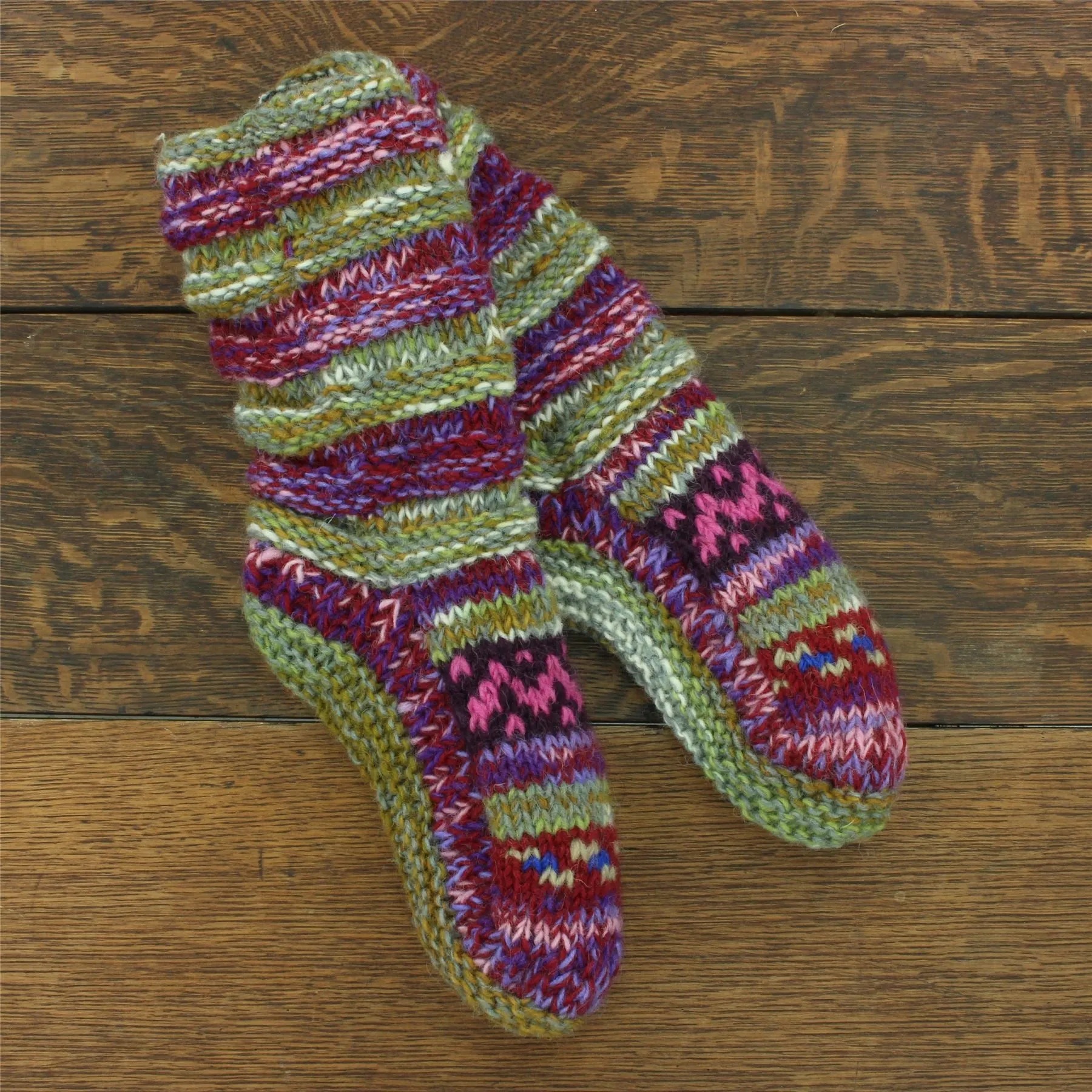 Hand Knitted Wool Slipper Socks Lined - SD Purple Green