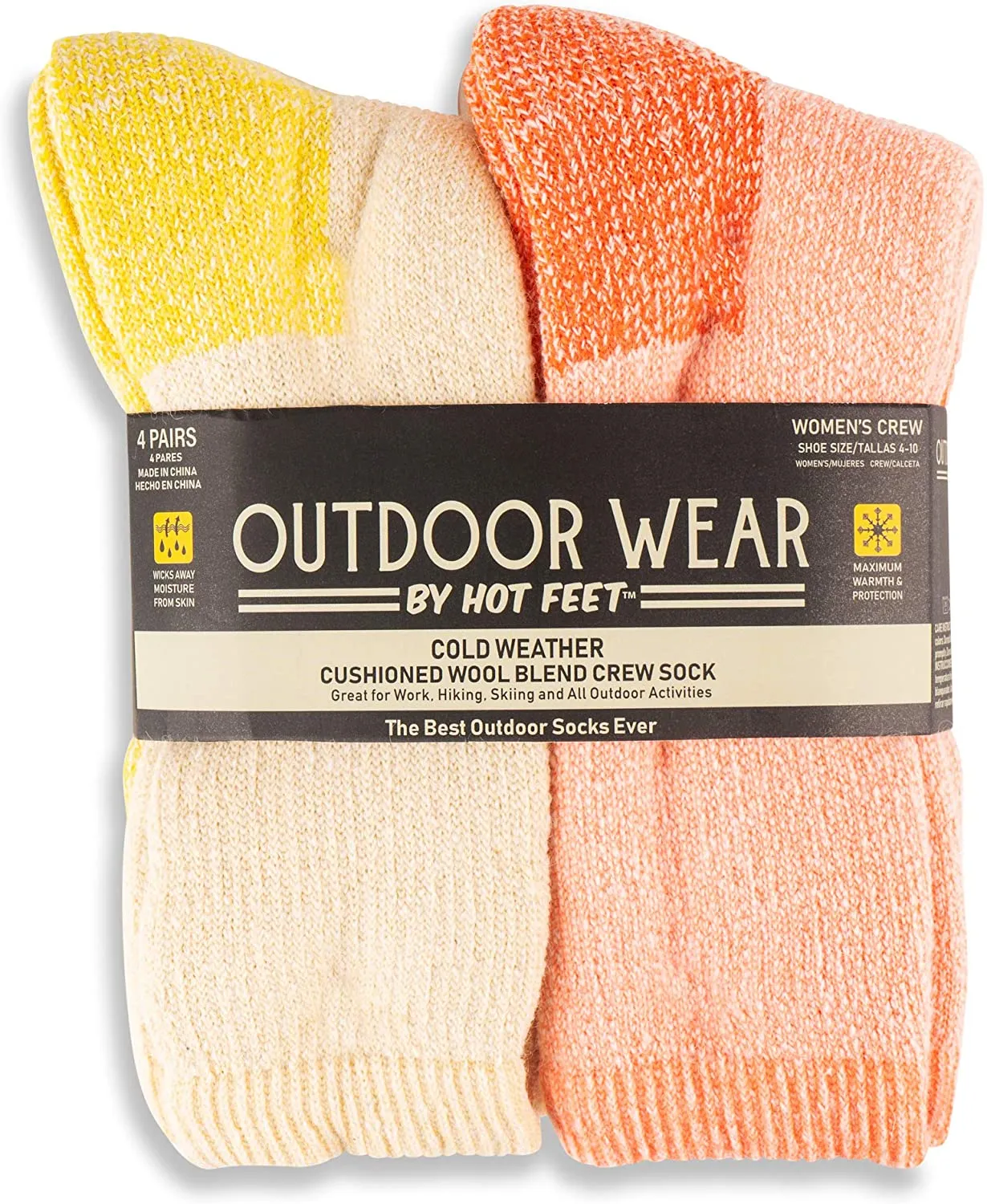 HOT FEET Women's Active Work and Outdoors Socks, Fully Cushioned, Thermal Wool Blend, 4 Pack Warm Reinforced Heel and Toe