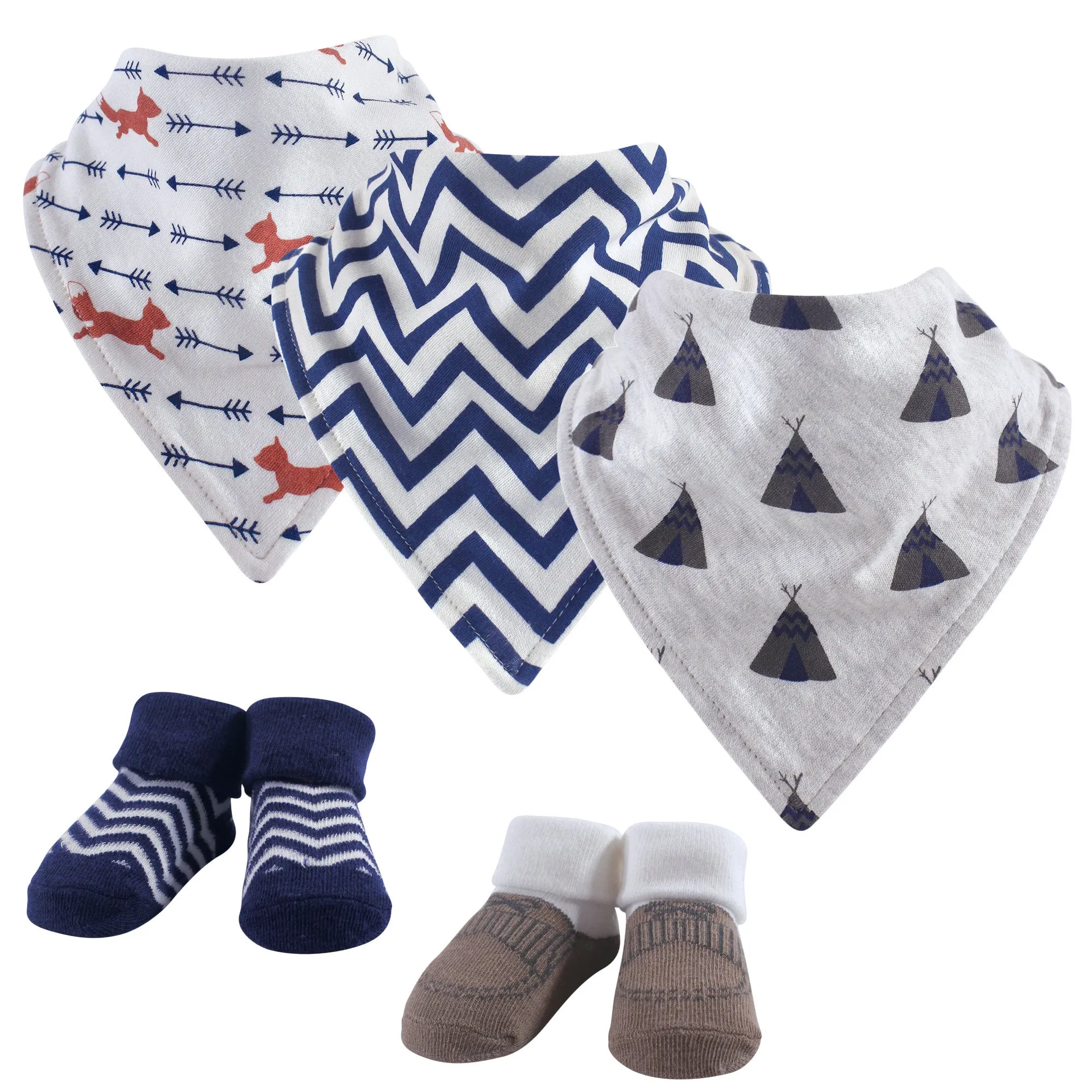 Hudson Baby Cotton Bib and Sock Set, Teepee