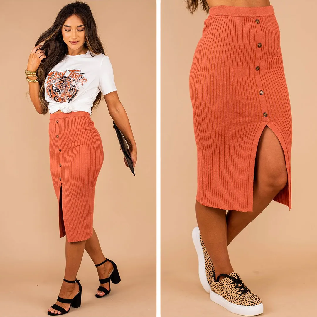 In The Moment Rust Orange Ribbed Midi Skirt