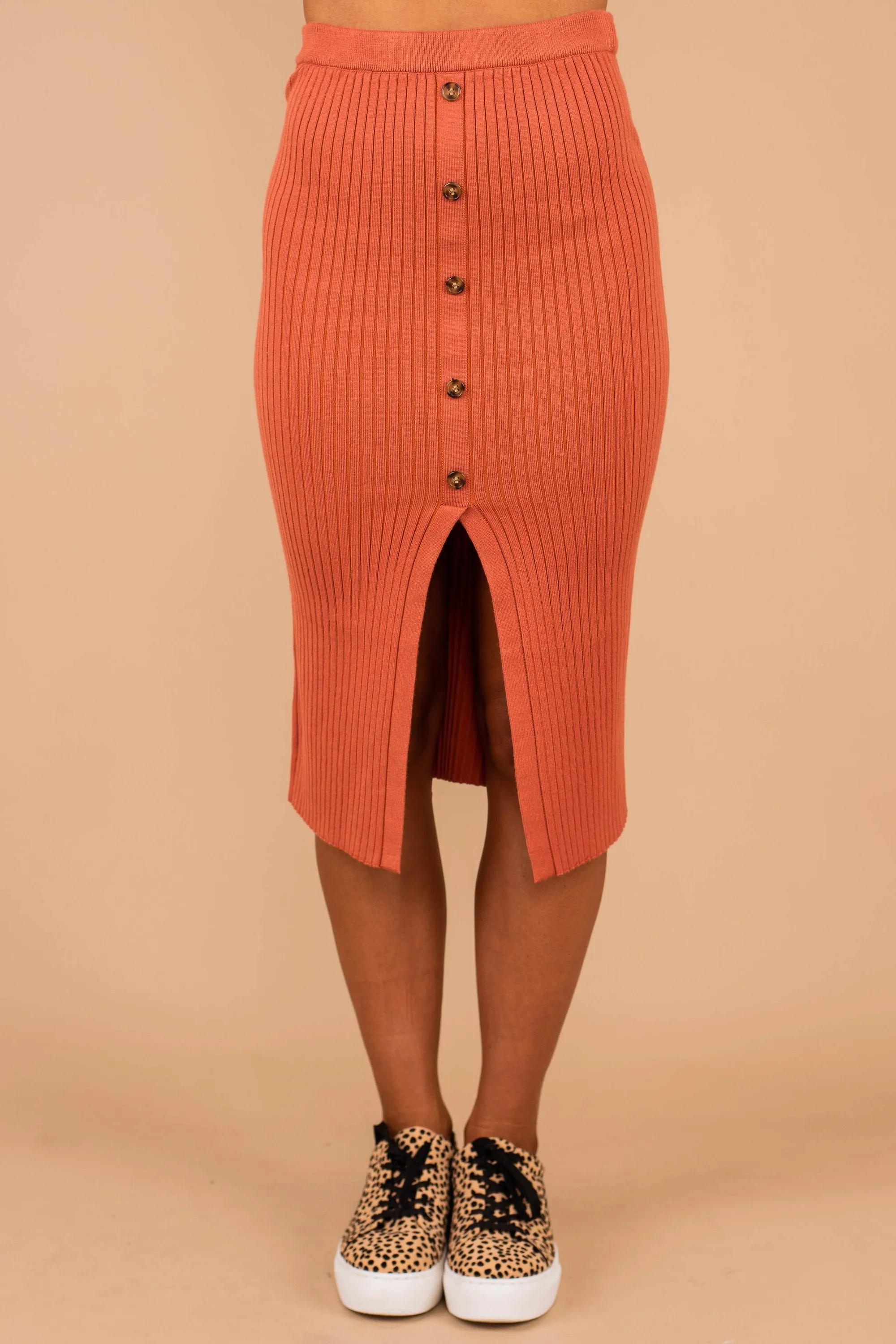 In The Moment Rust Orange Ribbed Midi Skirt