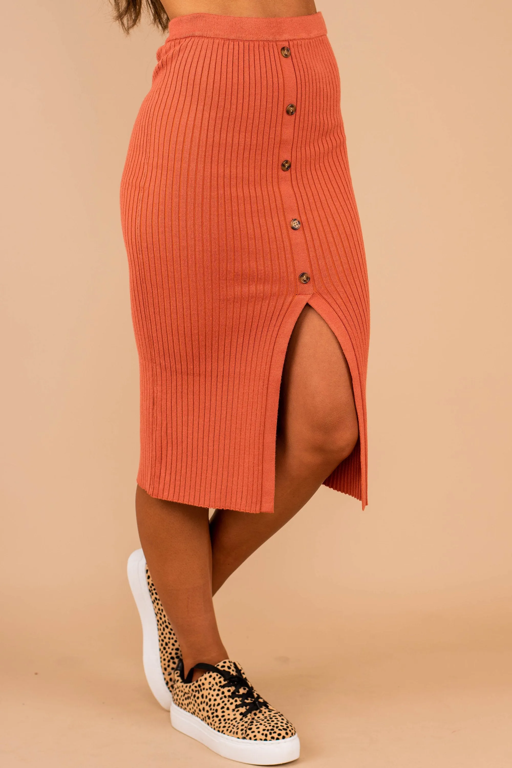 In The Moment Rust Orange Ribbed Midi Skirt