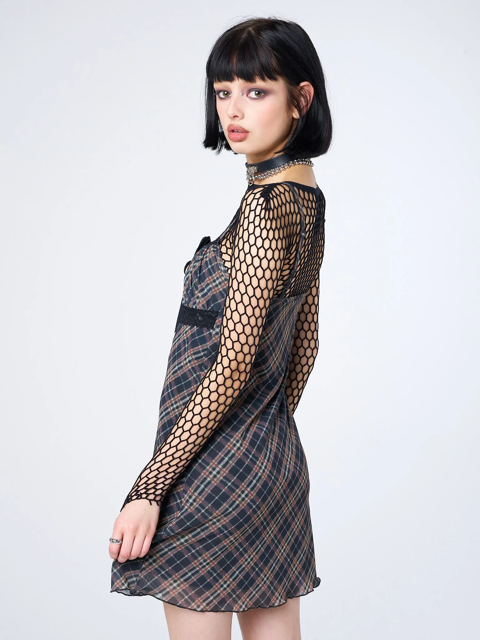 Iza Tartan Lace Trim Mini Dress