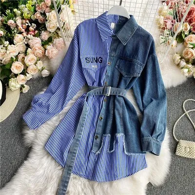 KittenAlarm - Women's Blouse Autumn Long Sleeve Shirt Tops Jeans Patchwork Plaid Blouses Elegantes Blusas para mujer Slim Shirt Dress