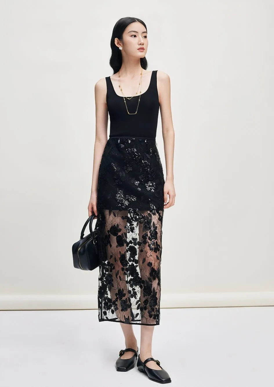 LACE SEQUIN DESIGN MAXI SKIRT