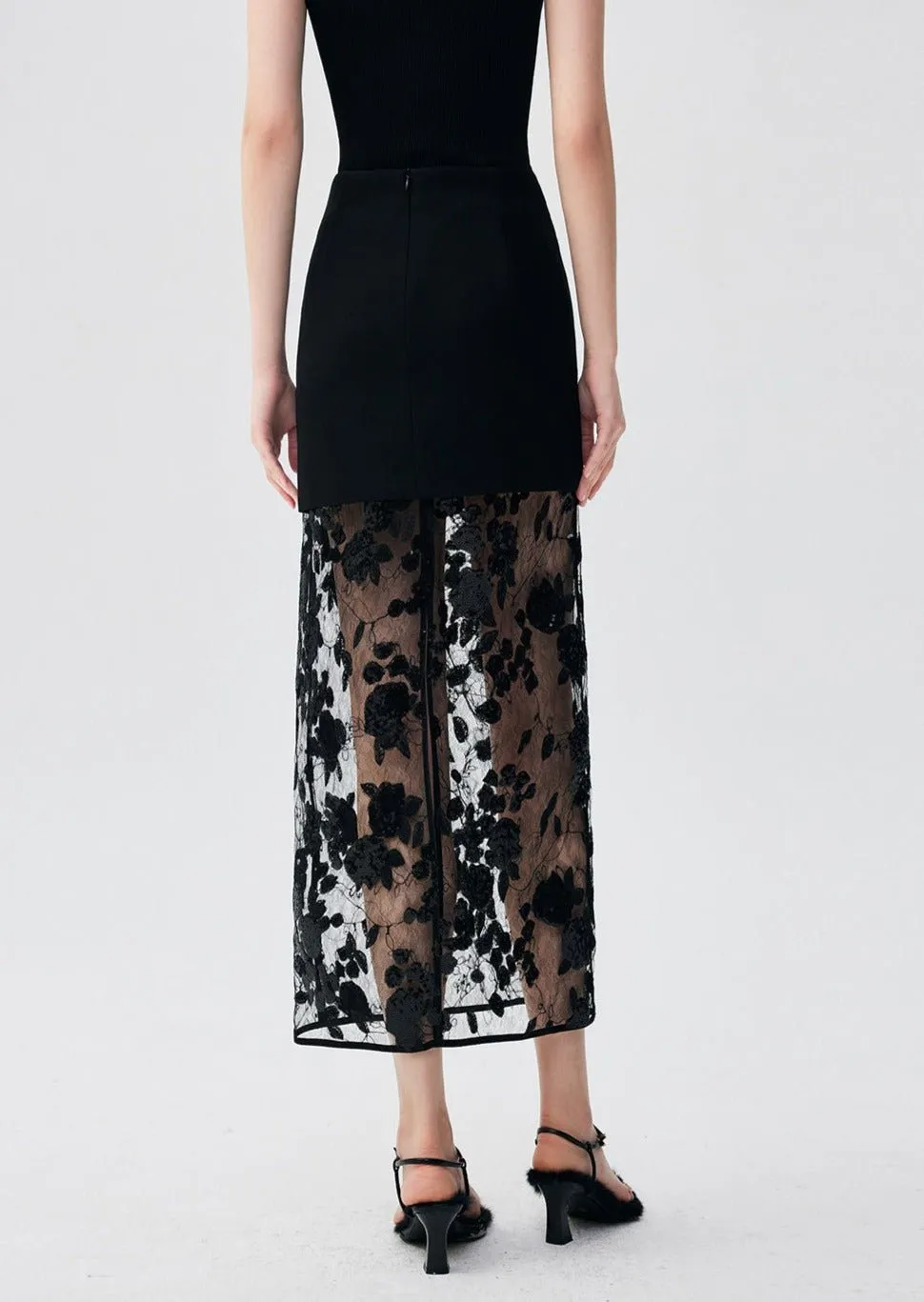 LACE SEQUIN DESIGN MAXI SKIRT