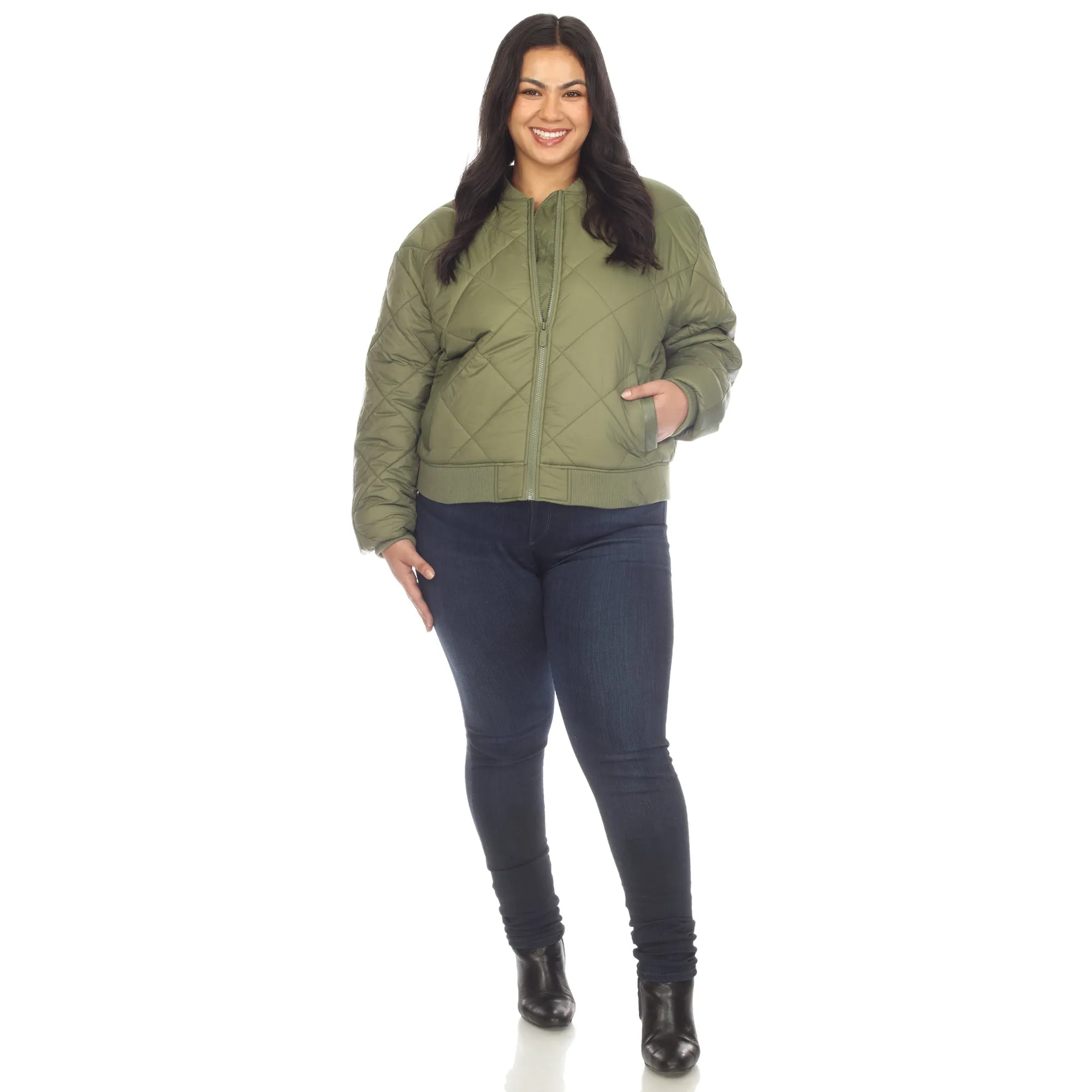 Lightweight Diamond Quilted Puffer Bomber Jacket - Plus