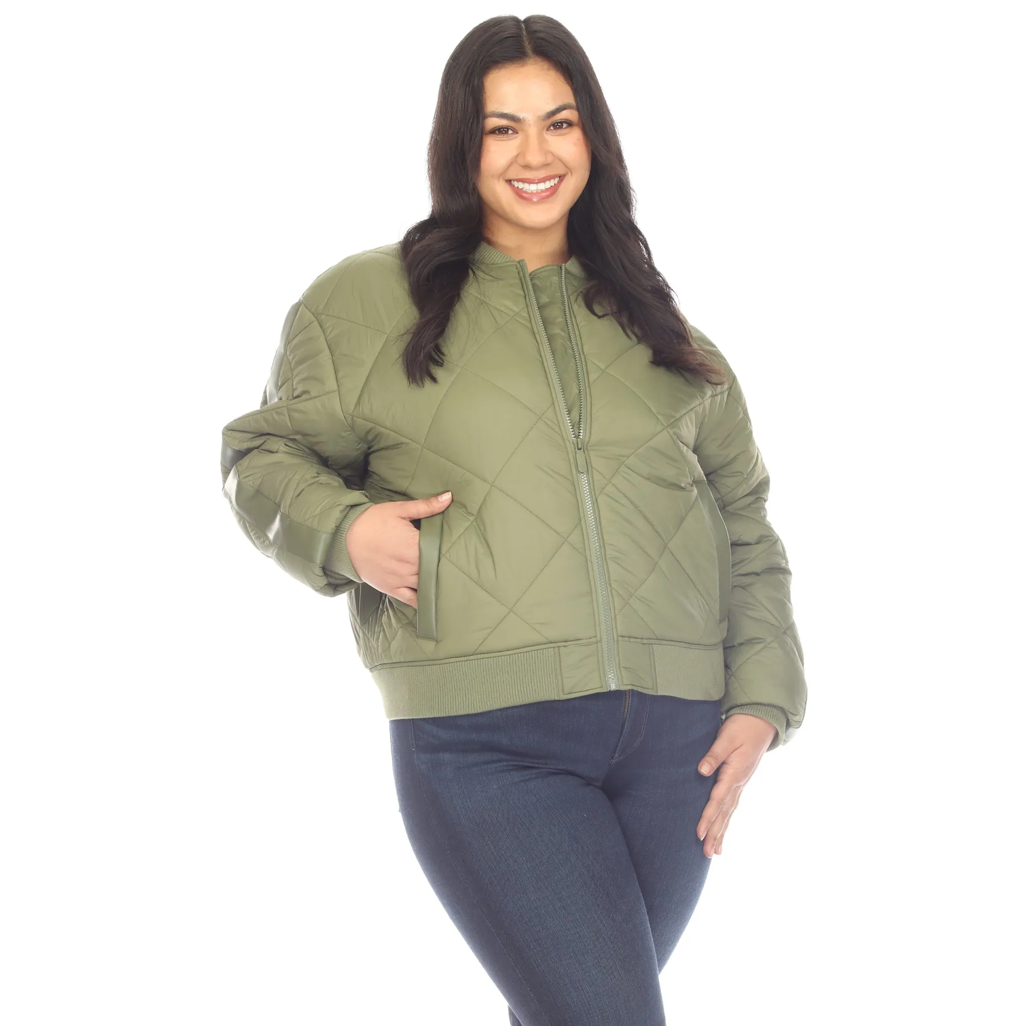 Lightweight Diamond Quilted Puffer Bomber Jacket - Plus