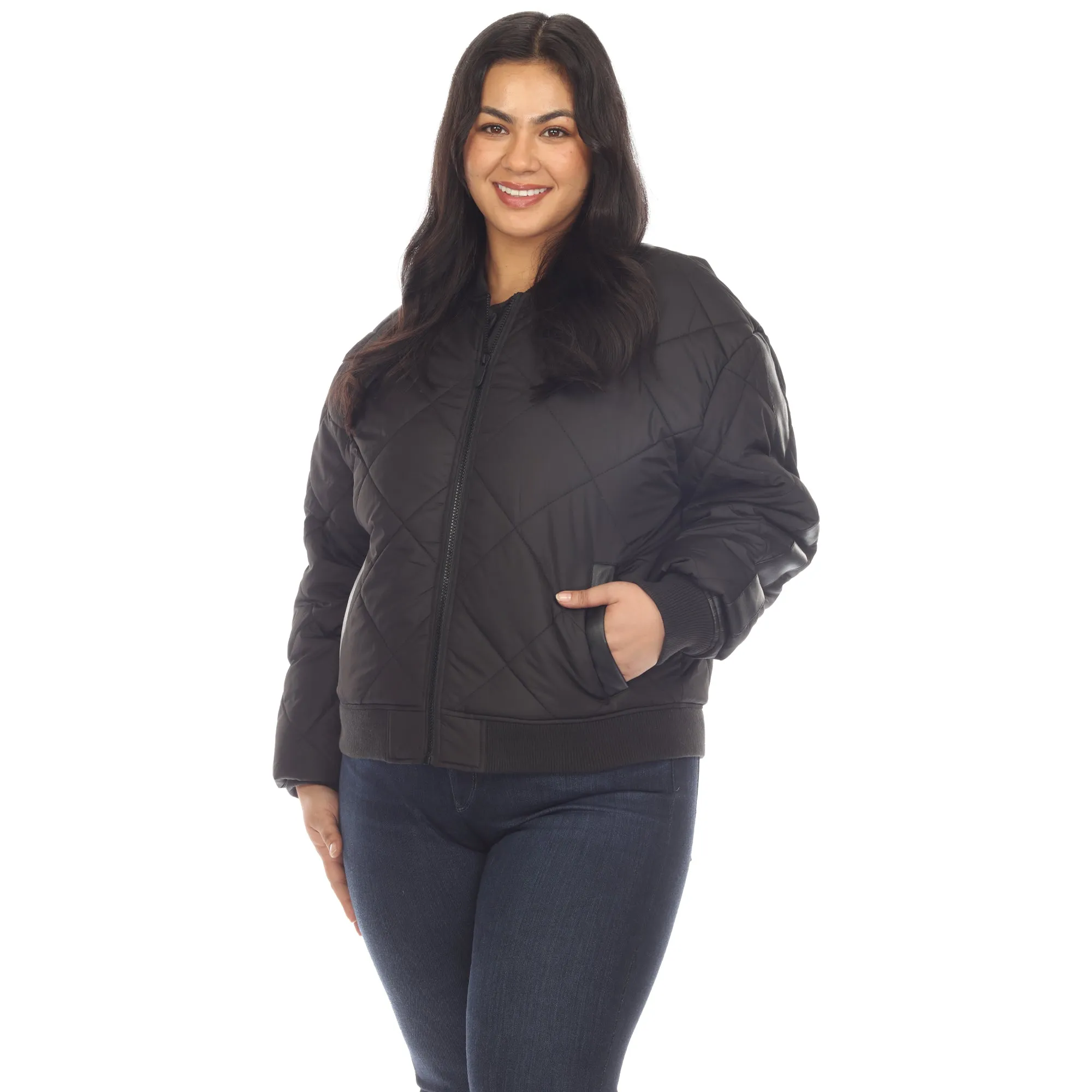 Lightweight Diamond Quilted Puffer Bomber Jacket - Plus