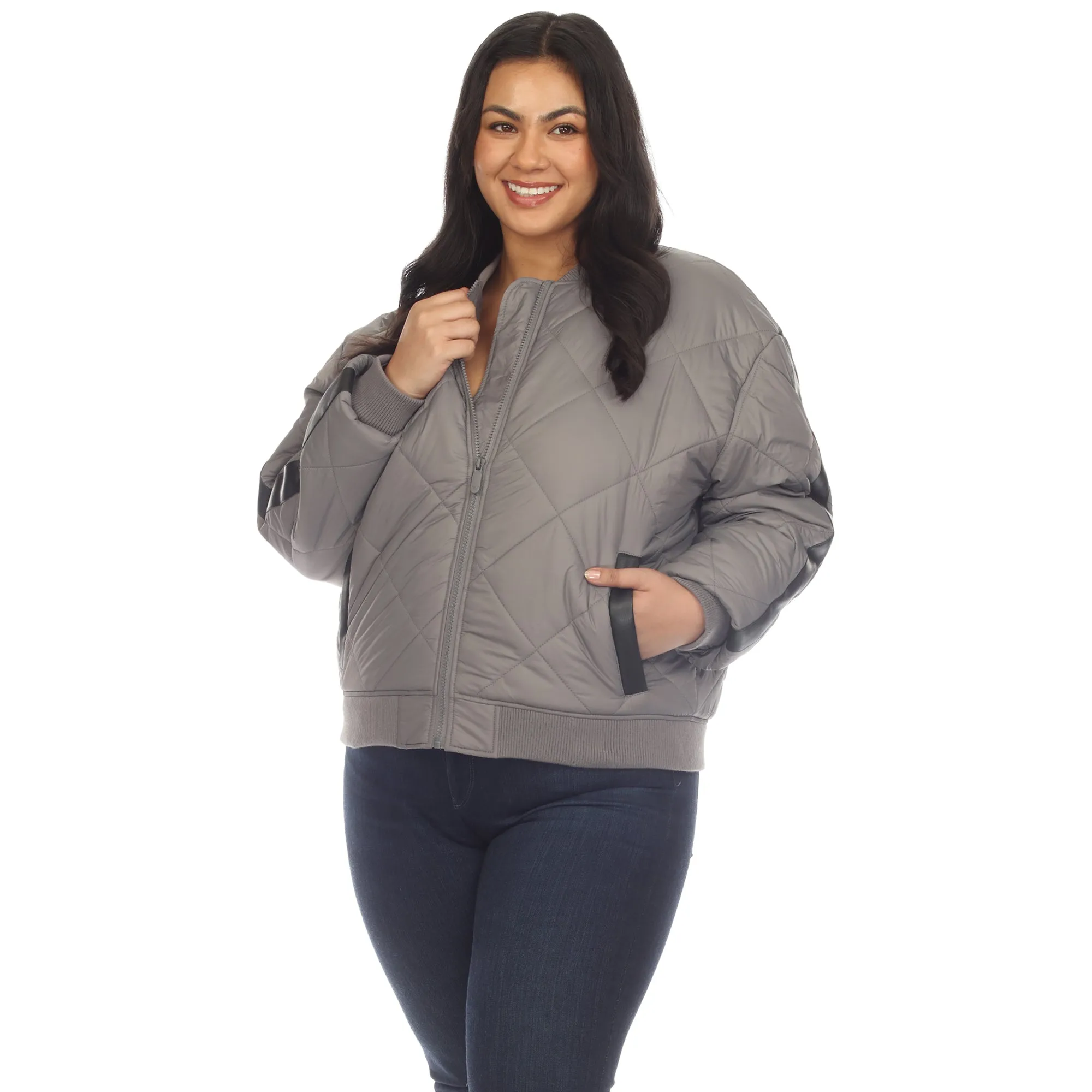 Lightweight Diamond Quilted Puffer Bomber Jacket - Plus