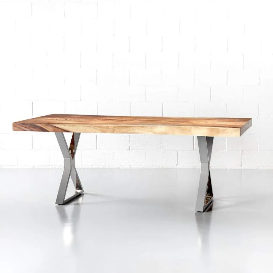 Live Edge Suar Table with Chrome X Shaped Legs/Natural Finish