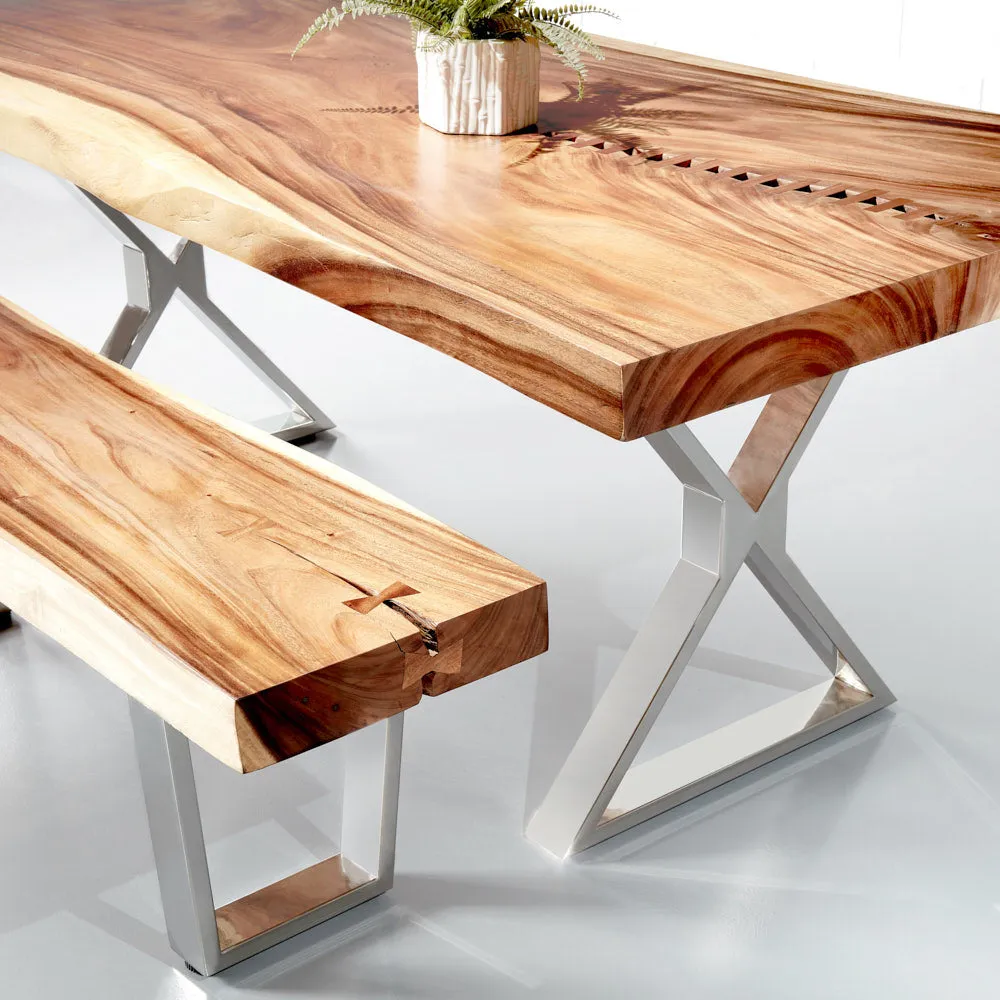 Live Edge Suar Table with Chrome X Shaped Legs/Natural Finish