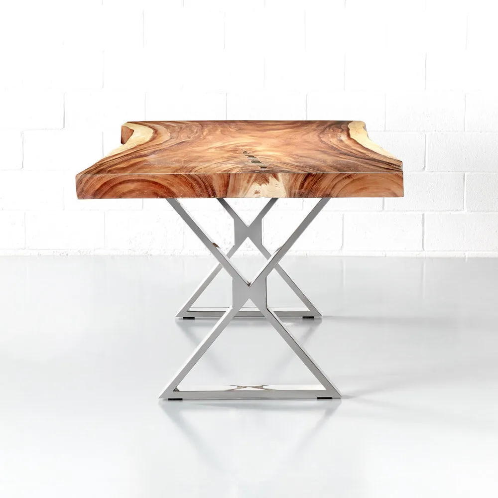 Live Edge Suar Table with Chrome X Shaped Legs/Natural Finish