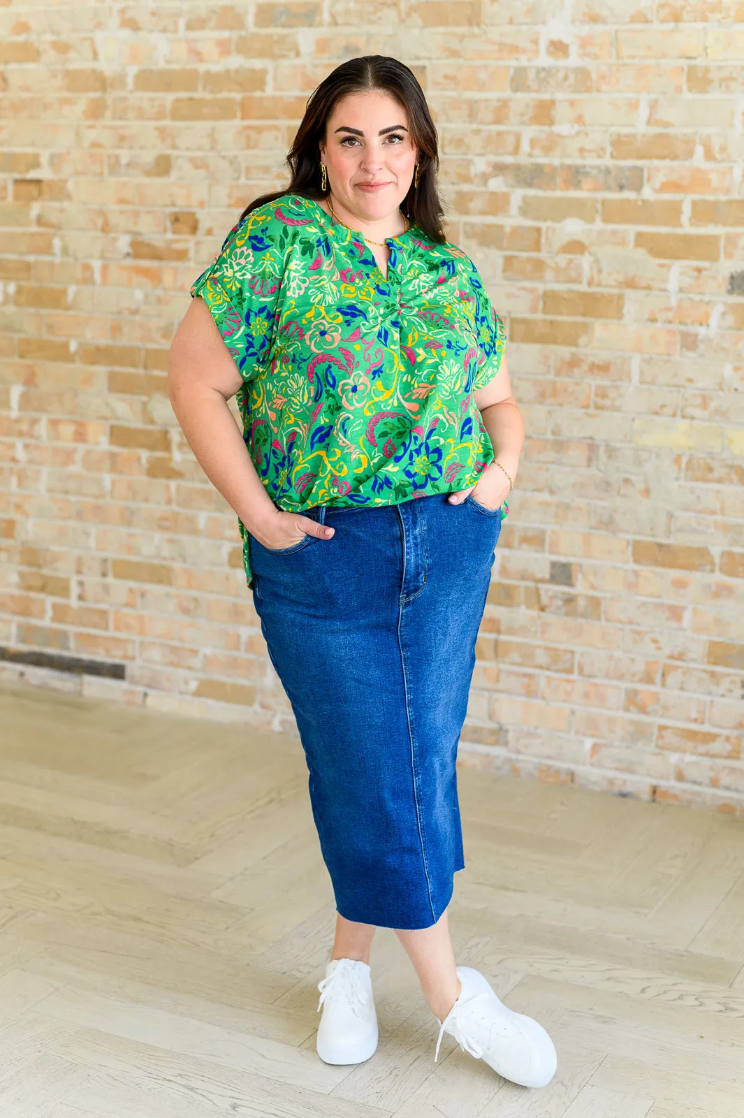 Lizzy Cap Sleeve Top in Green and Royal Watercolor Floral