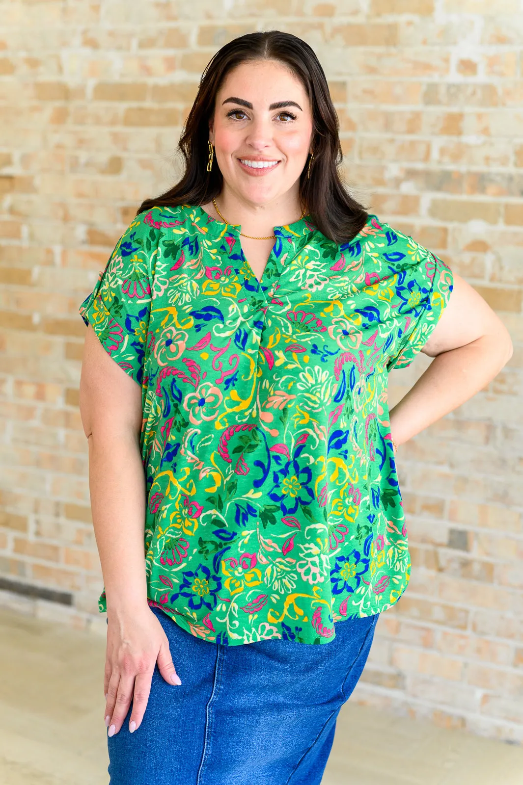 Lizzy Cap Sleeve Top in Green and Royal Watercolor Floral