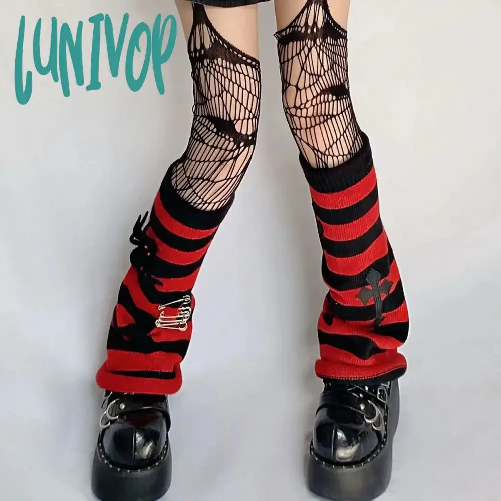 Lunivop Cross Punk Leg Warmers Knitted Striped Harajuku Y2K Punk Spider Pendant Paper Clip Halloween Accessories Dark for JK Women sock